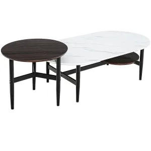 2 Pieces Stacking Coffee Table Set with Faux Marble Top-White