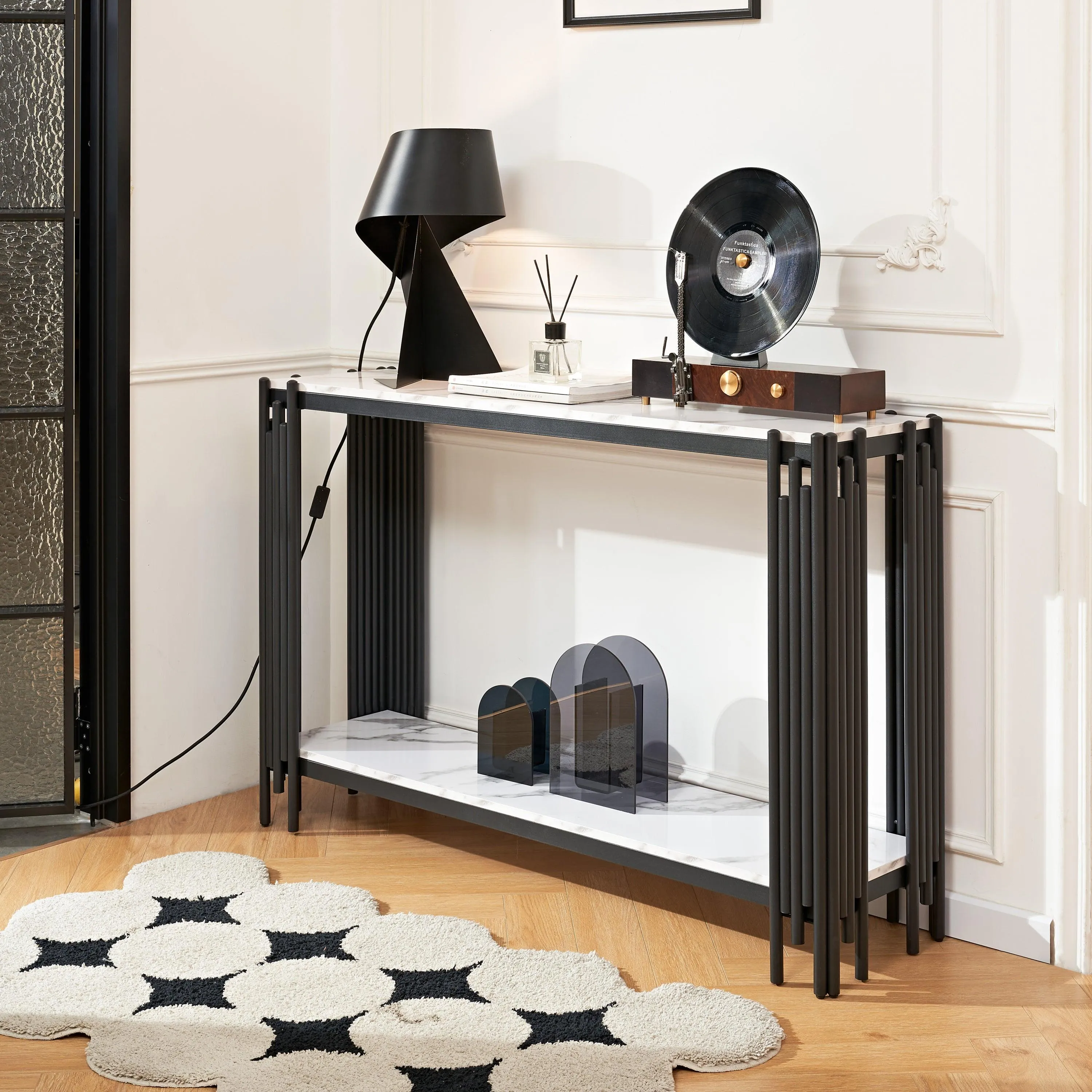 2-Tier Faux Marble Console Table, Black, with Adjustable Feet for Entryway and Hallway