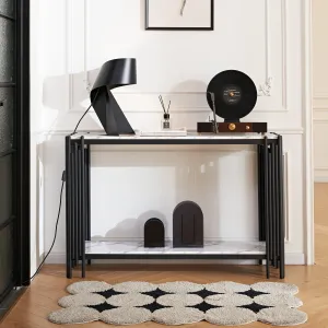 2-Tier Faux Marble Console Table, Black, with Adjustable Feet for Entryway and Hallway