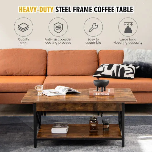 2-Tier Industrial Rectangular Coffee Table with Storage Shelf-Rustic Brown