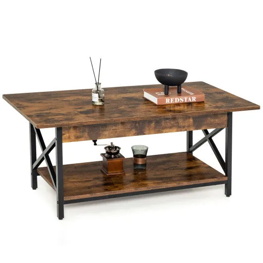 2-Tier Industrial Rectangular Coffee Table with Storage Shelf-Rustic Brown