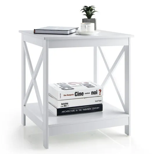 2-Tier Side Table with X-shape Design and 4 Solid Legs-White