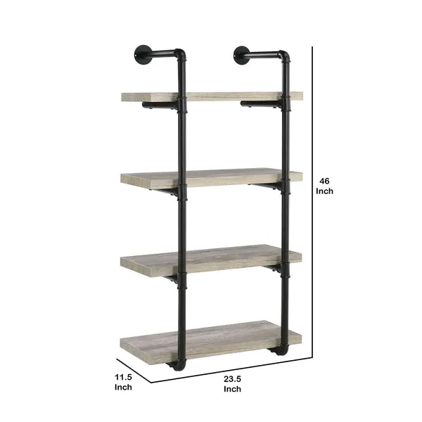 24 Inches 4 Tier Wood and Metal Wall Shelf, Gray and Black By Benzara