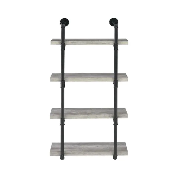 24 Inches 4 Tier Wood and Metal Wall Shelf, Gray and Black By Benzara