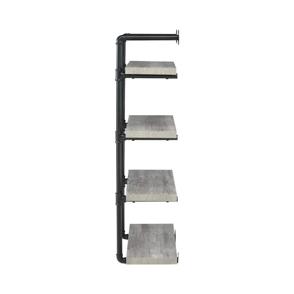 24 Inches 4 Tier Wood and Metal Wall Shelf, Gray and Black By Benzara