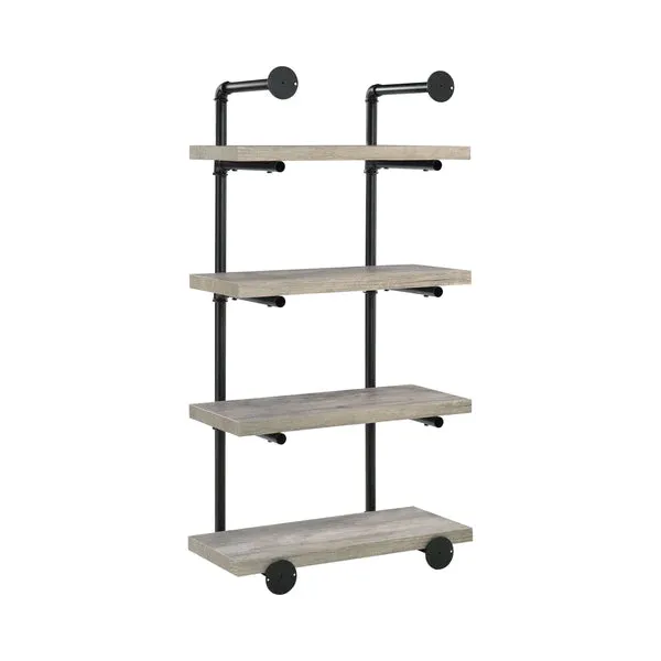 24 Inches 4 Tier Wood and Metal Wall Shelf, Gray and Black By Benzara