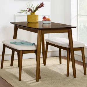 3-Piece Mid-Century Modern Upholstered Wooden Dining Set w/ 2 Bench Seats