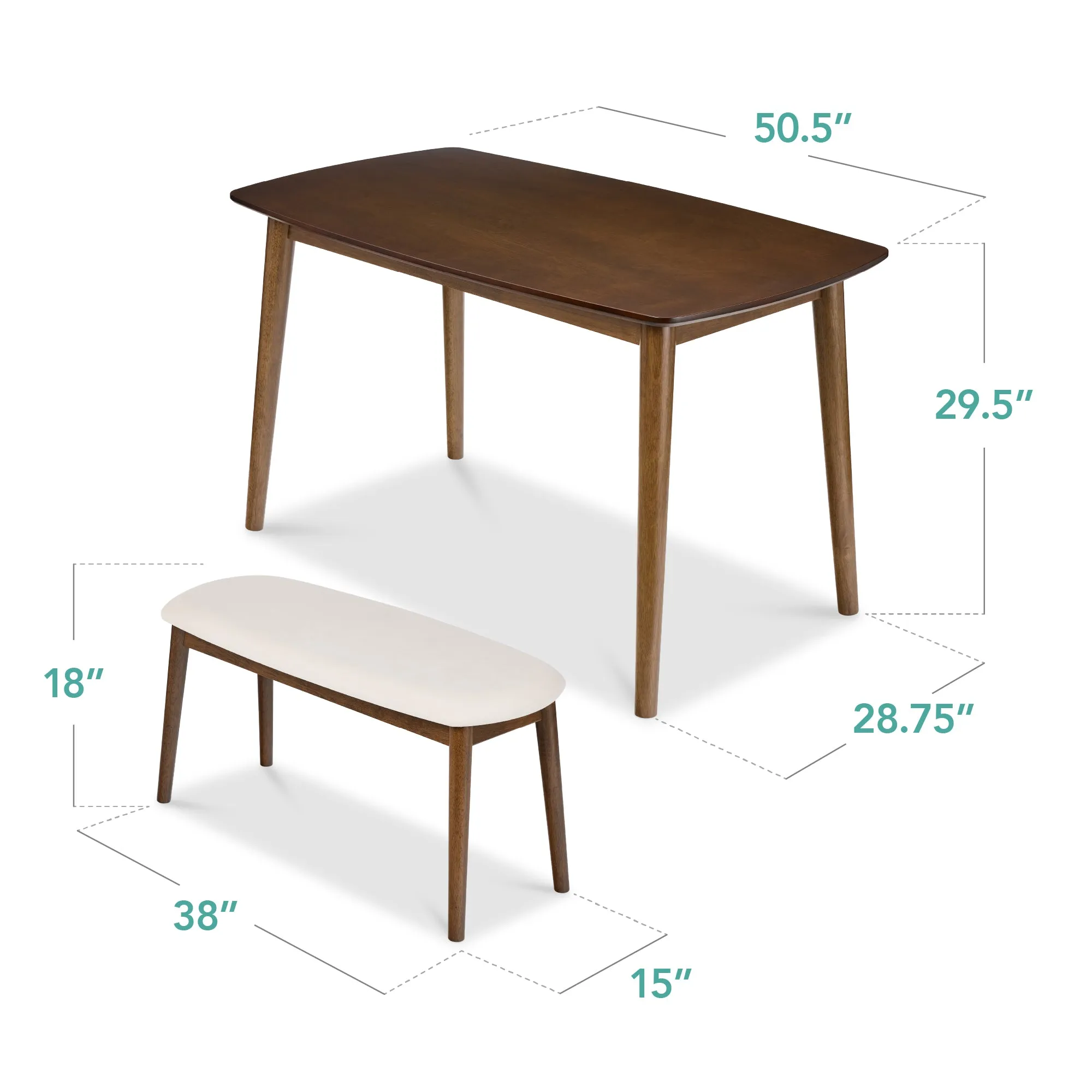 3-Piece Mid-Century Modern Upholstered Wooden Dining Set w/ 2 Bench Seats