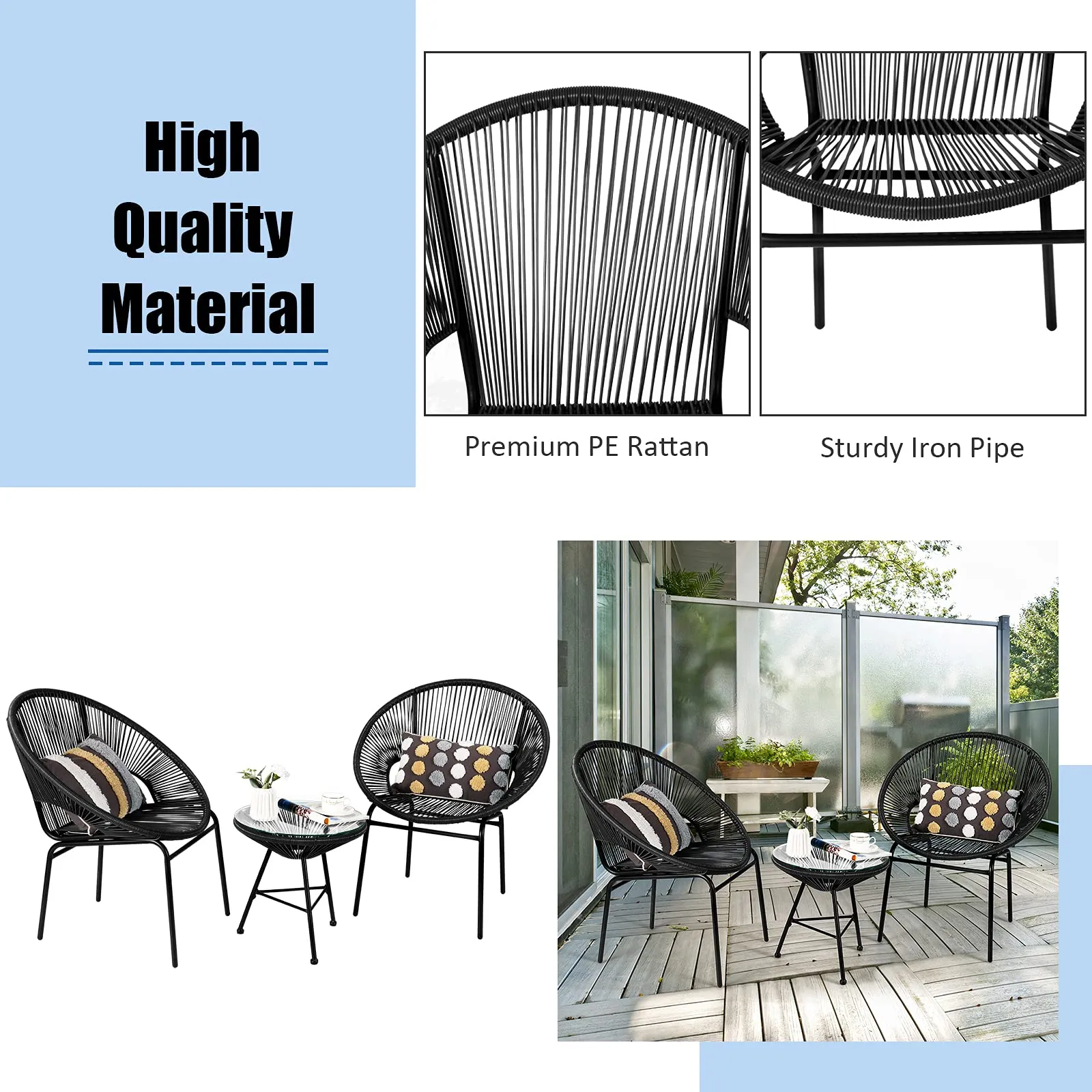 3 Piece Outdoor Patio Furniture Set, Acapulco Chair Set w/Plastic Rope, Tempered Glass Table