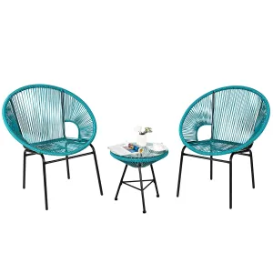 3 Piece Outdoor Patio Furniture Set, Acapulco Chair Set w/Plastic Rope, Tempered Glass Table