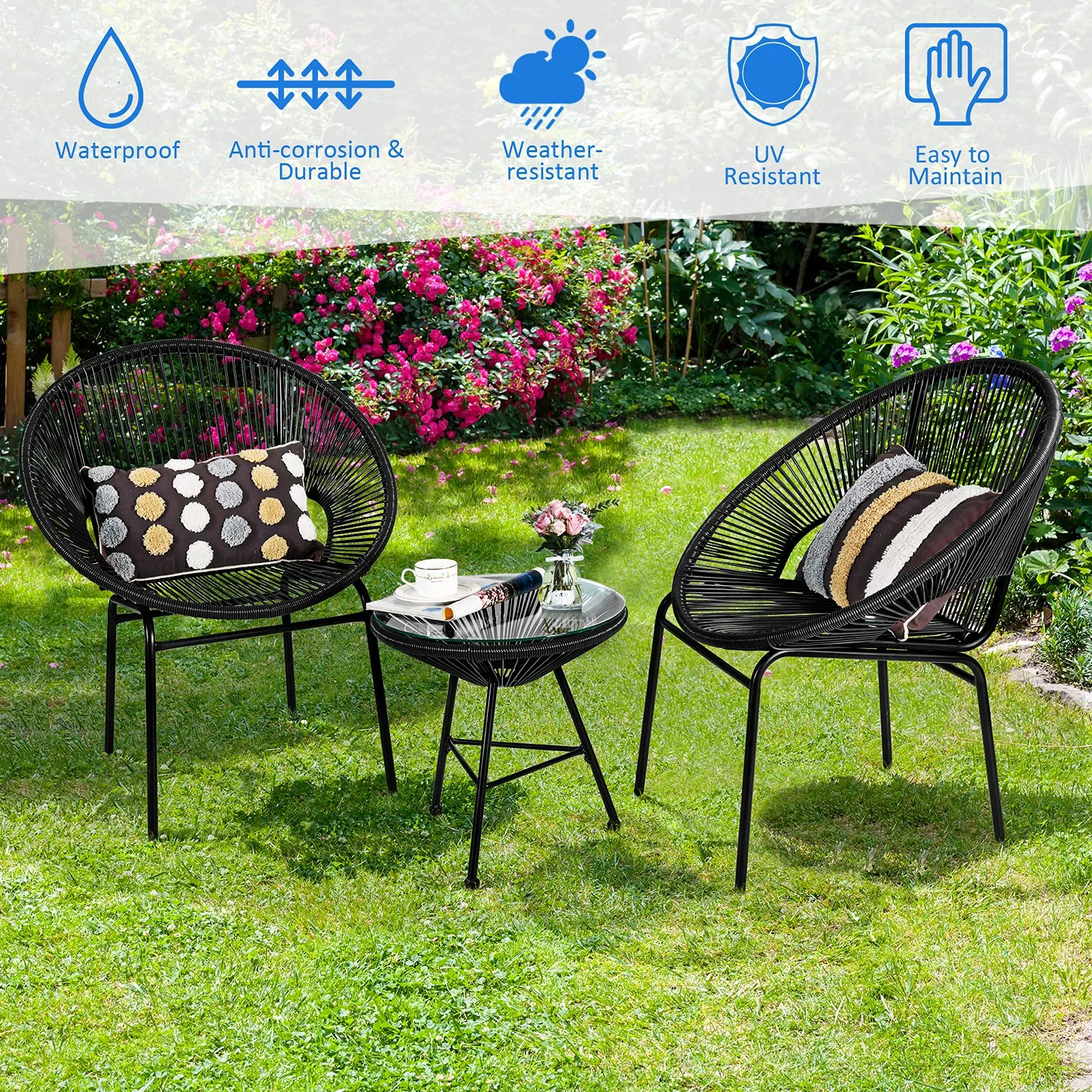 3 Piece Outdoor Patio Furniture Set, Acapulco Chair Set w/Plastic Rope, Tempered Glass Table