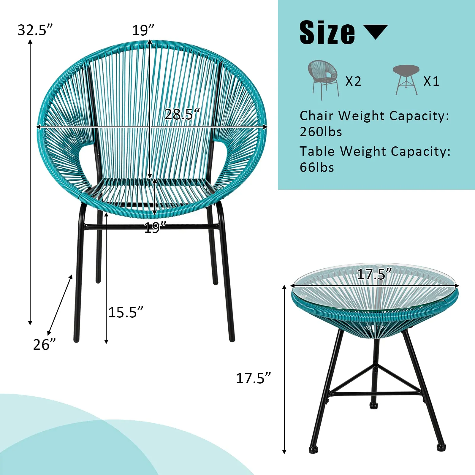 3 Piece Outdoor Patio Furniture Set, Acapulco Chair Set w/Plastic Rope, Tempered Glass Table