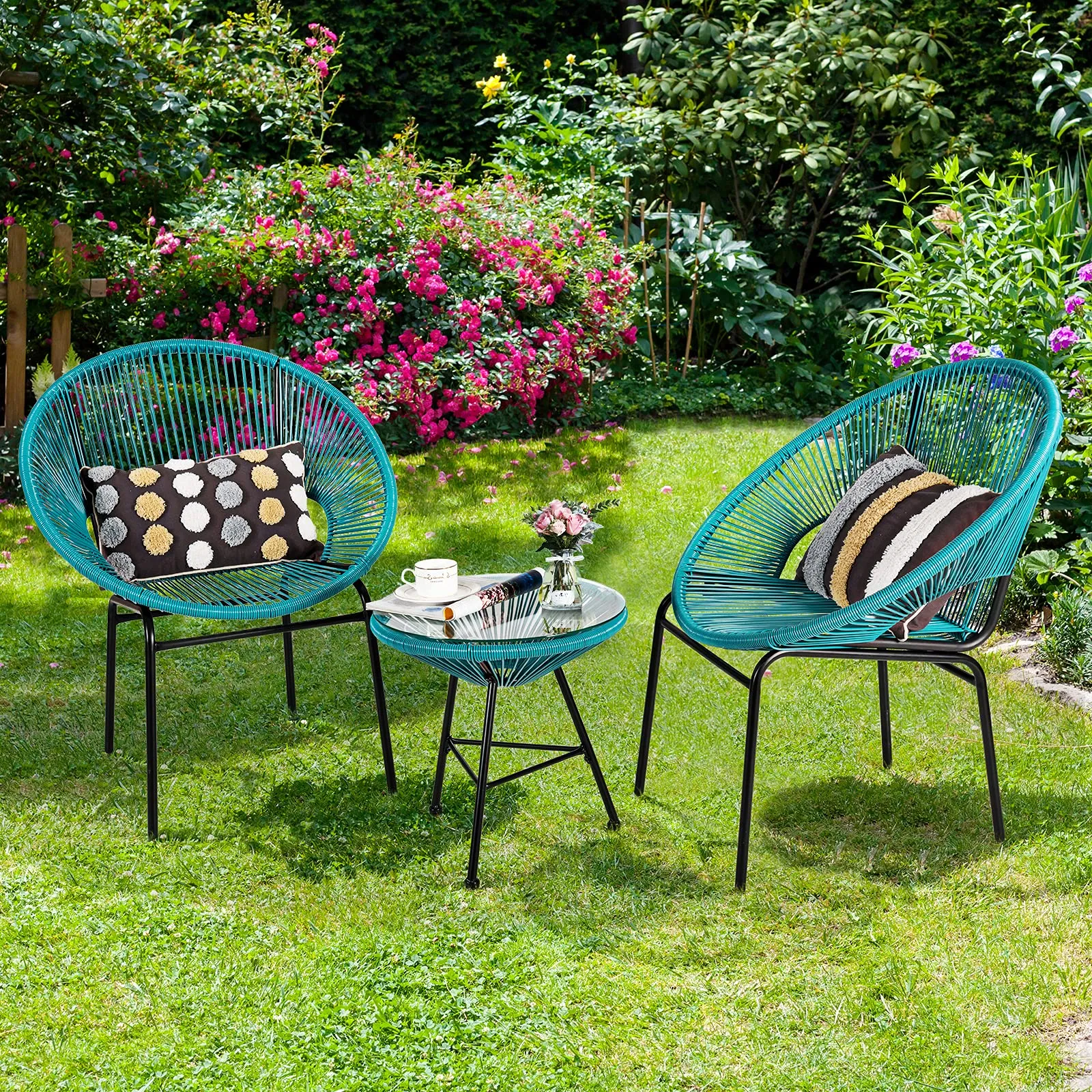 3 Piece Outdoor Patio Furniture Set, Acapulco Chair Set w/Plastic Rope, Tempered Glass Table