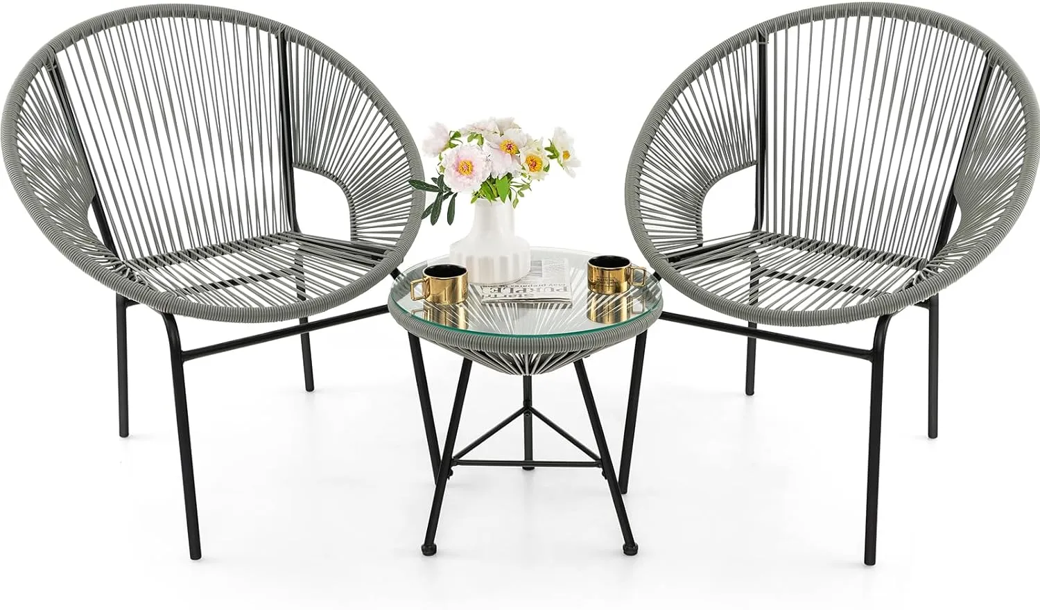 3 Piece Outdoor Patio Furniture Set, Acapulco Chair Set w/Plastic Rope, Tempered Glass Table