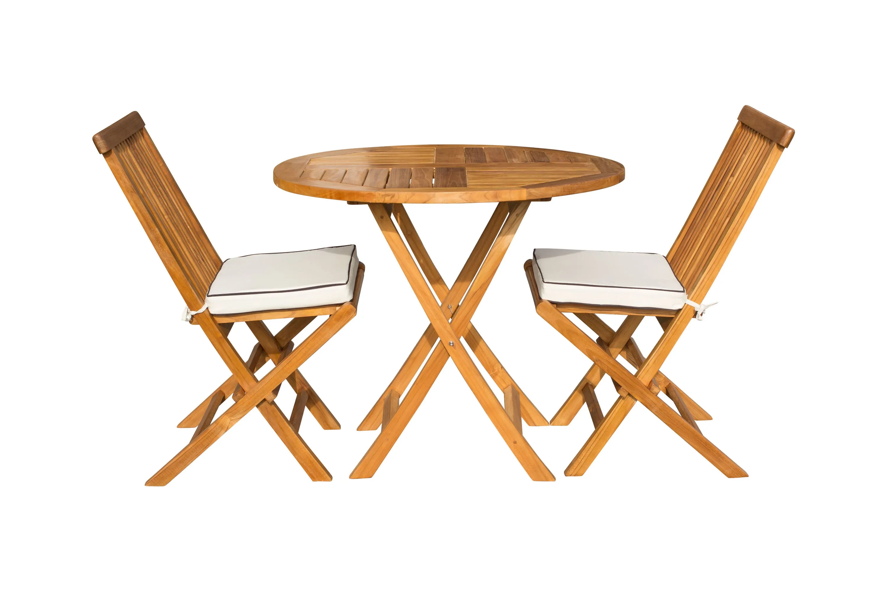 3 Piece Teak Wood California Patio Dining Set, 36" Round Folding Table with 2 Folding Side Chairs