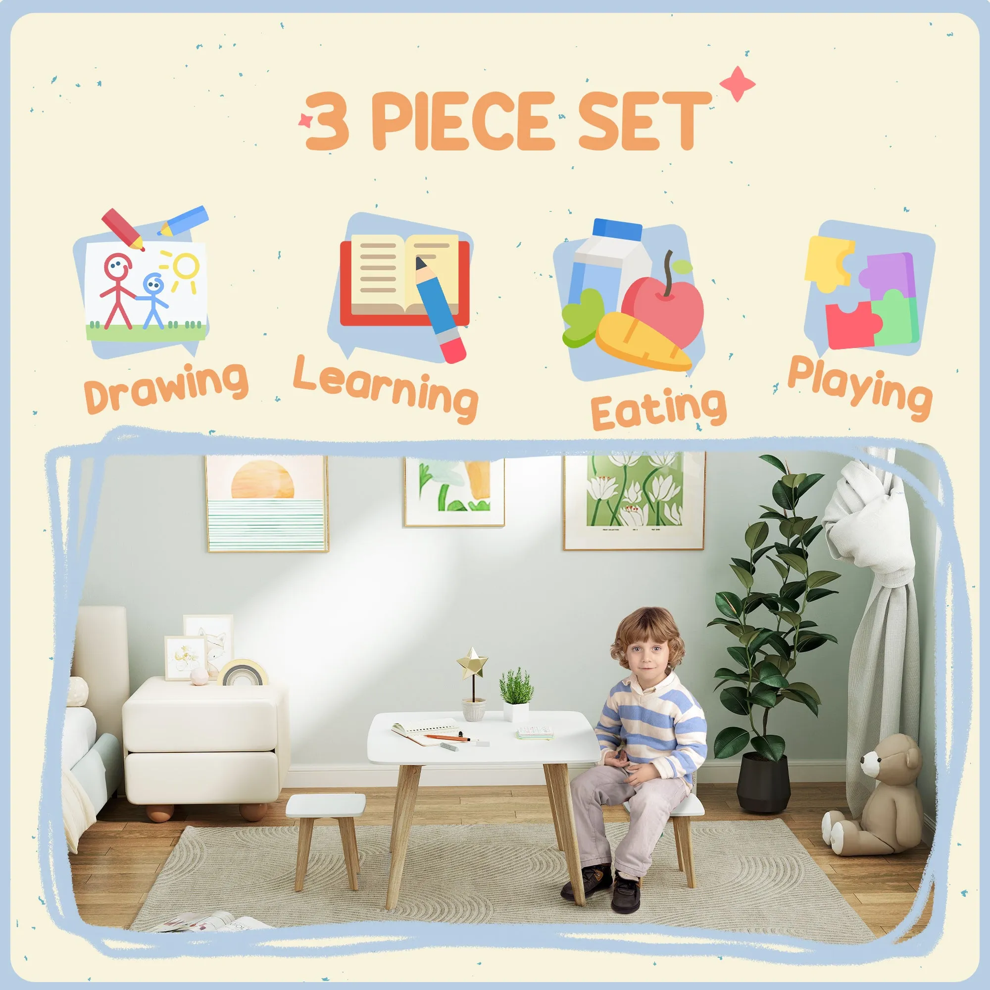 3 Pieces Kids Table and Chair Set for Playroom, Bedroom