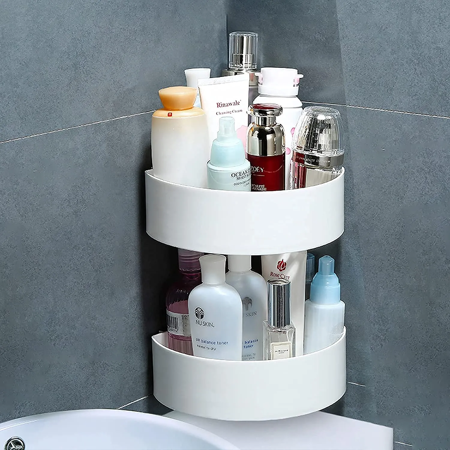 4033 Corner Shelf Bathroom Kitchen Rack Self Adhesive Shower Caddy Plastic Triangle Wall Mount Storage Basket