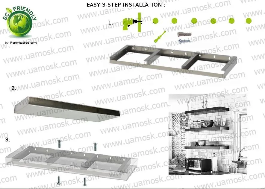 48"x12"x2.5" (cm.121.9x30.5x6.4) brushed stainless steel floating shelf