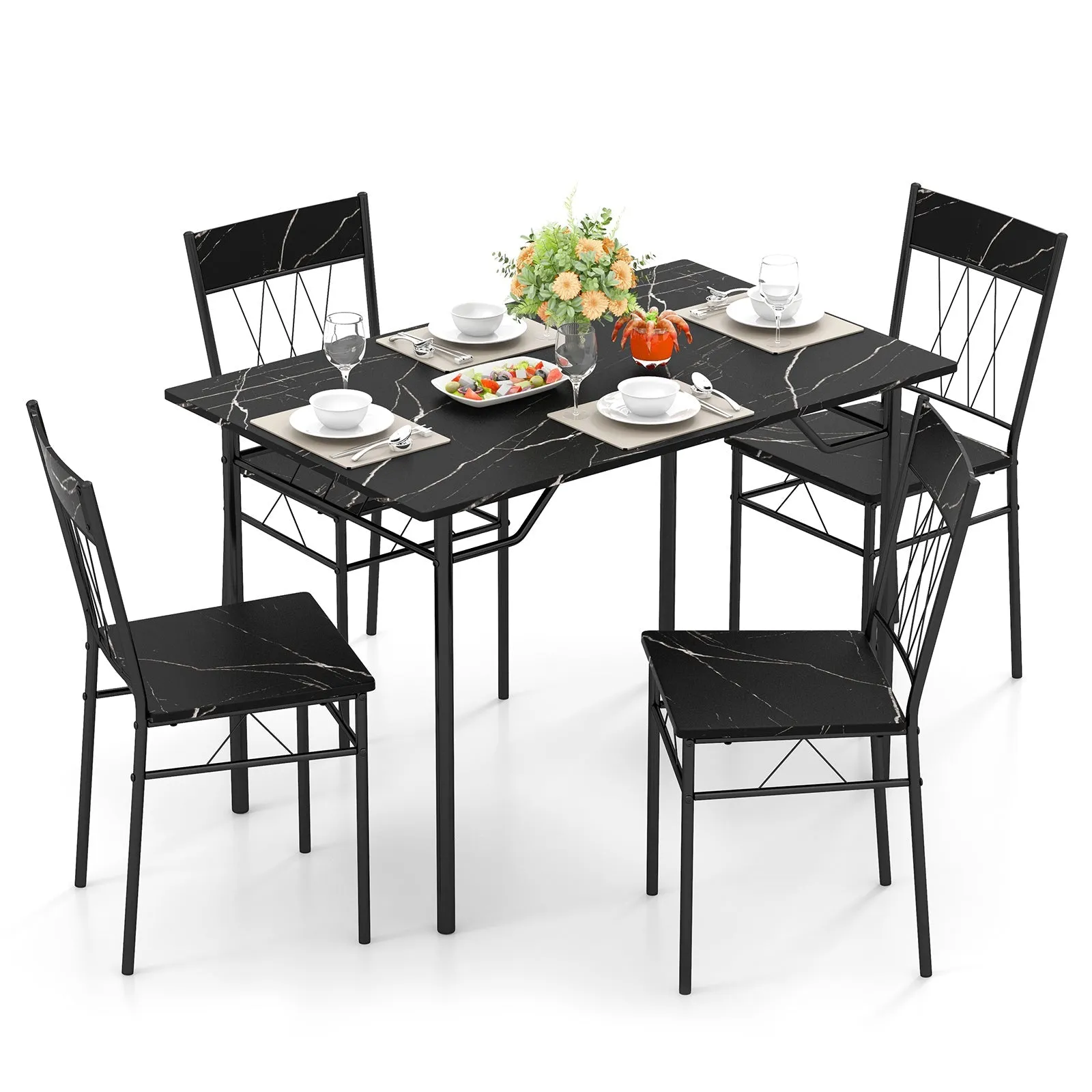 5-Piece Dining Table Set for 4 with Metal Frame for Living Room-Black