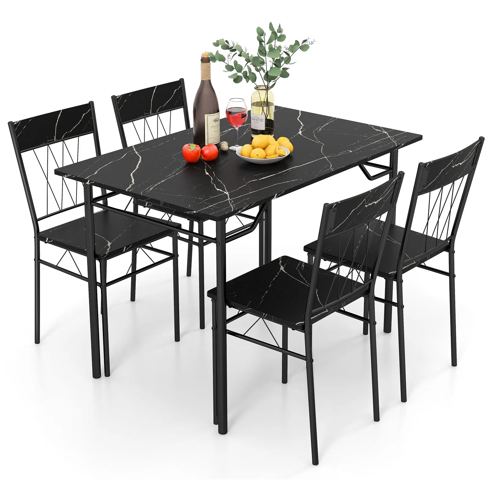 5-Piece Dining Table Set for 4 with Metal Frame for Living Room-Black