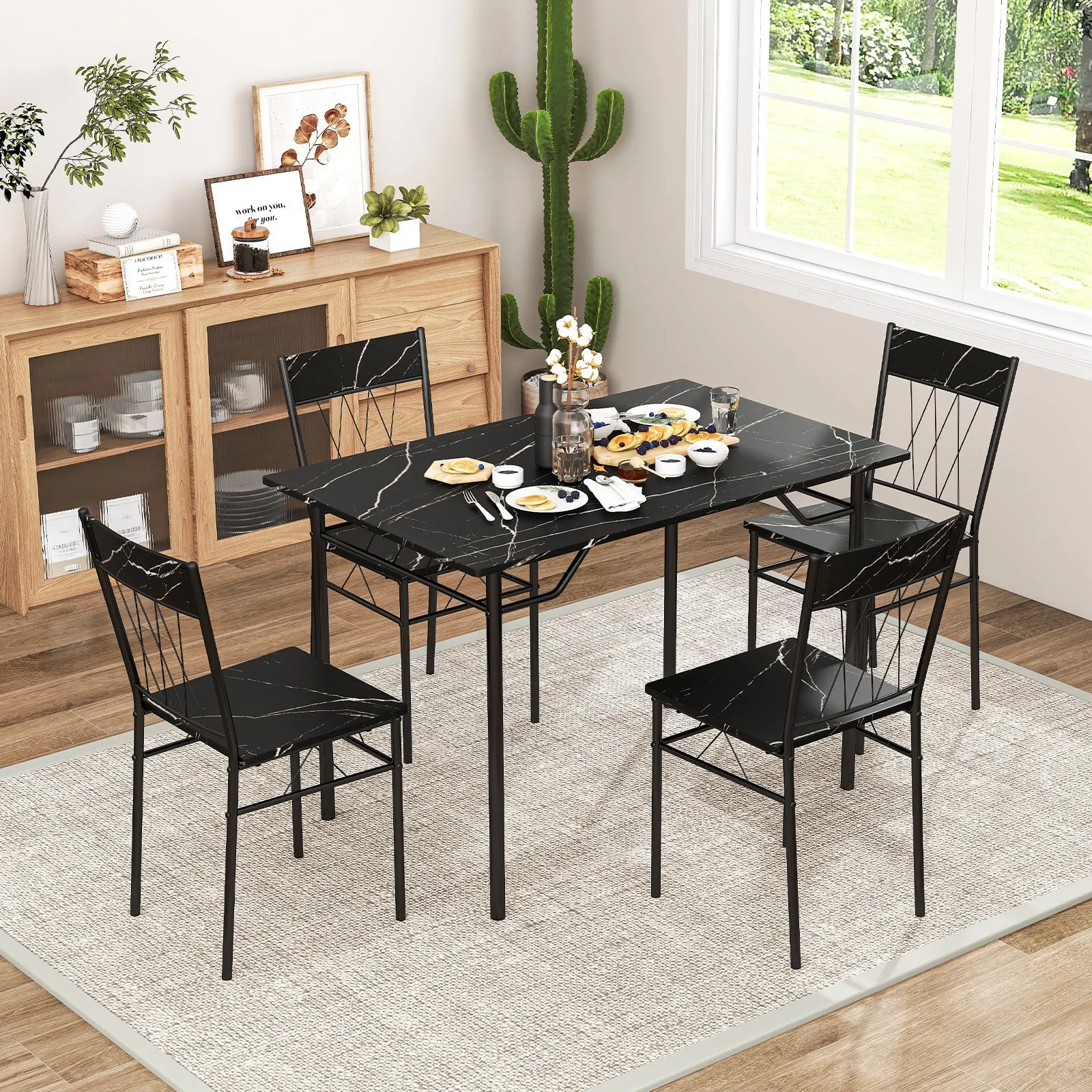 5-Piece Dining Table Set for 4 with Metal Frame for Living Room-Black