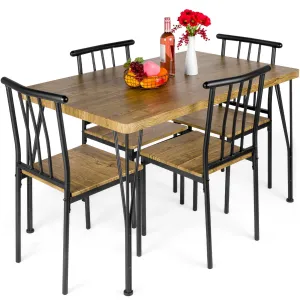 5-Piece Modern Metal and Wood Dining Table Furniture Set w/ 4 Chairs - Brown