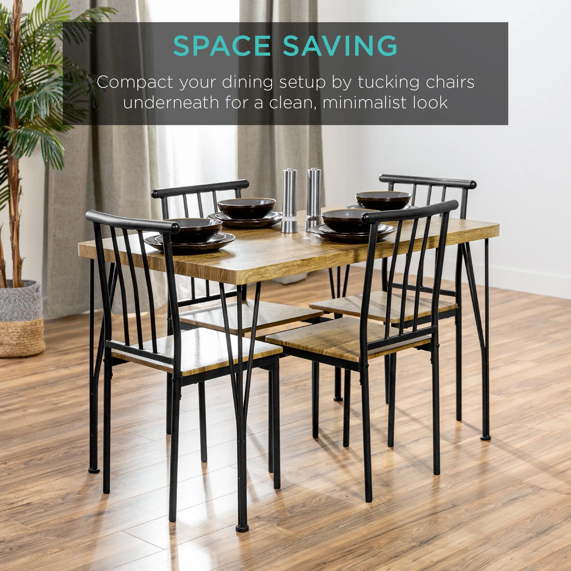 5-Piece Modern Metal and Wood Dining Table Furniture Set w/ 4 Chairs