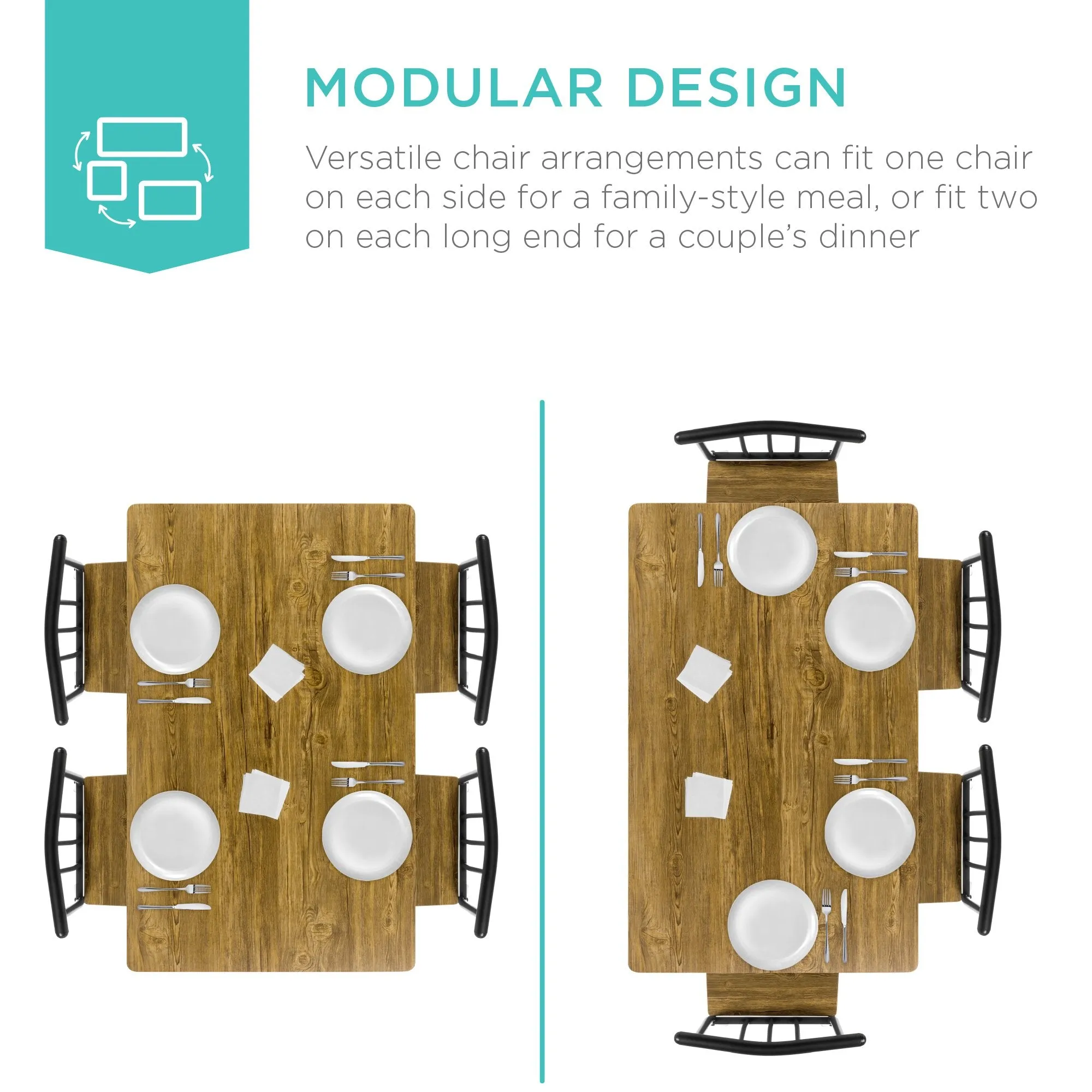 5-Piece Modern Metal and Wood Dining Table Furniture Set w/ 4 Chairs