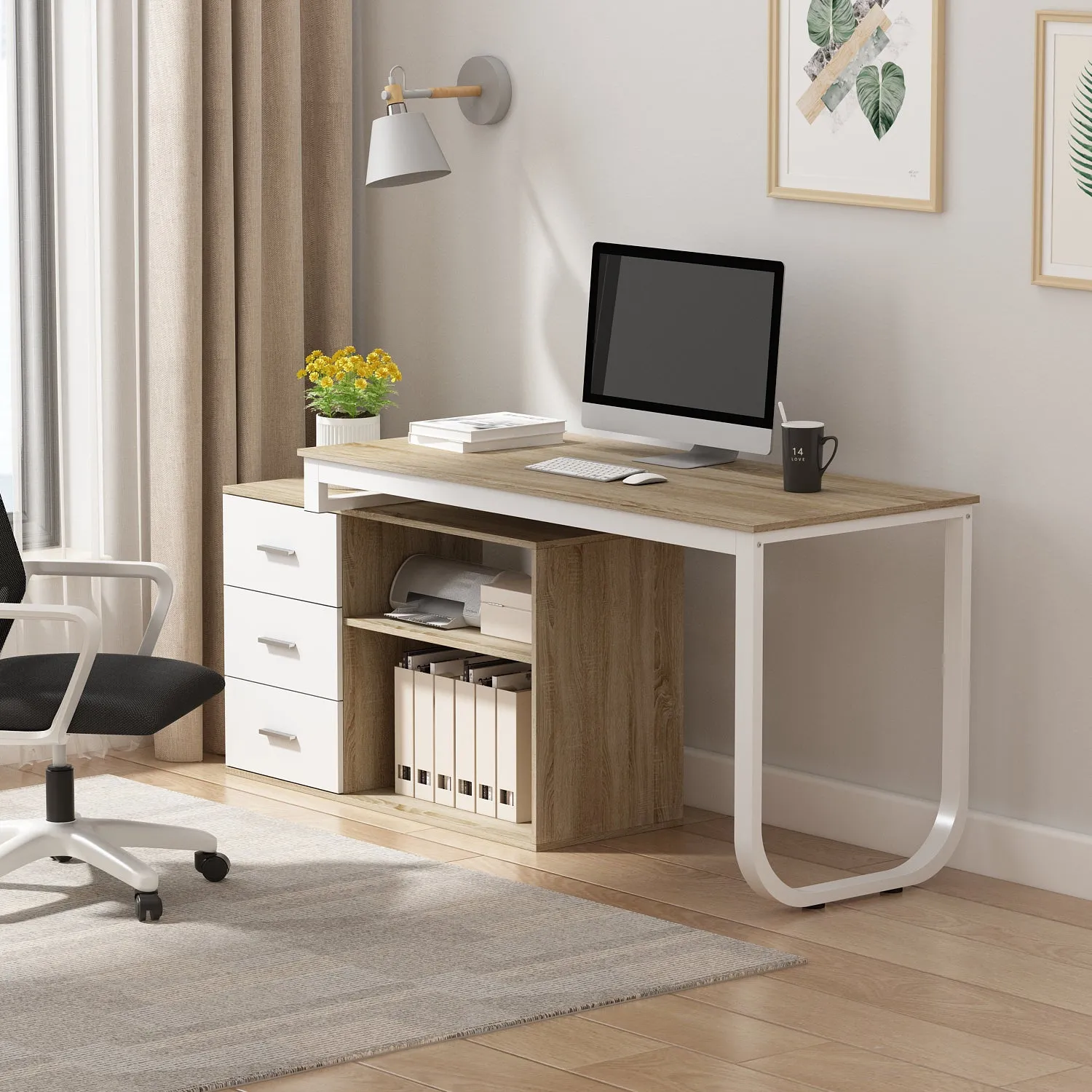 55 Inch L-Shaped Corner Desk with Shelves & Drawers