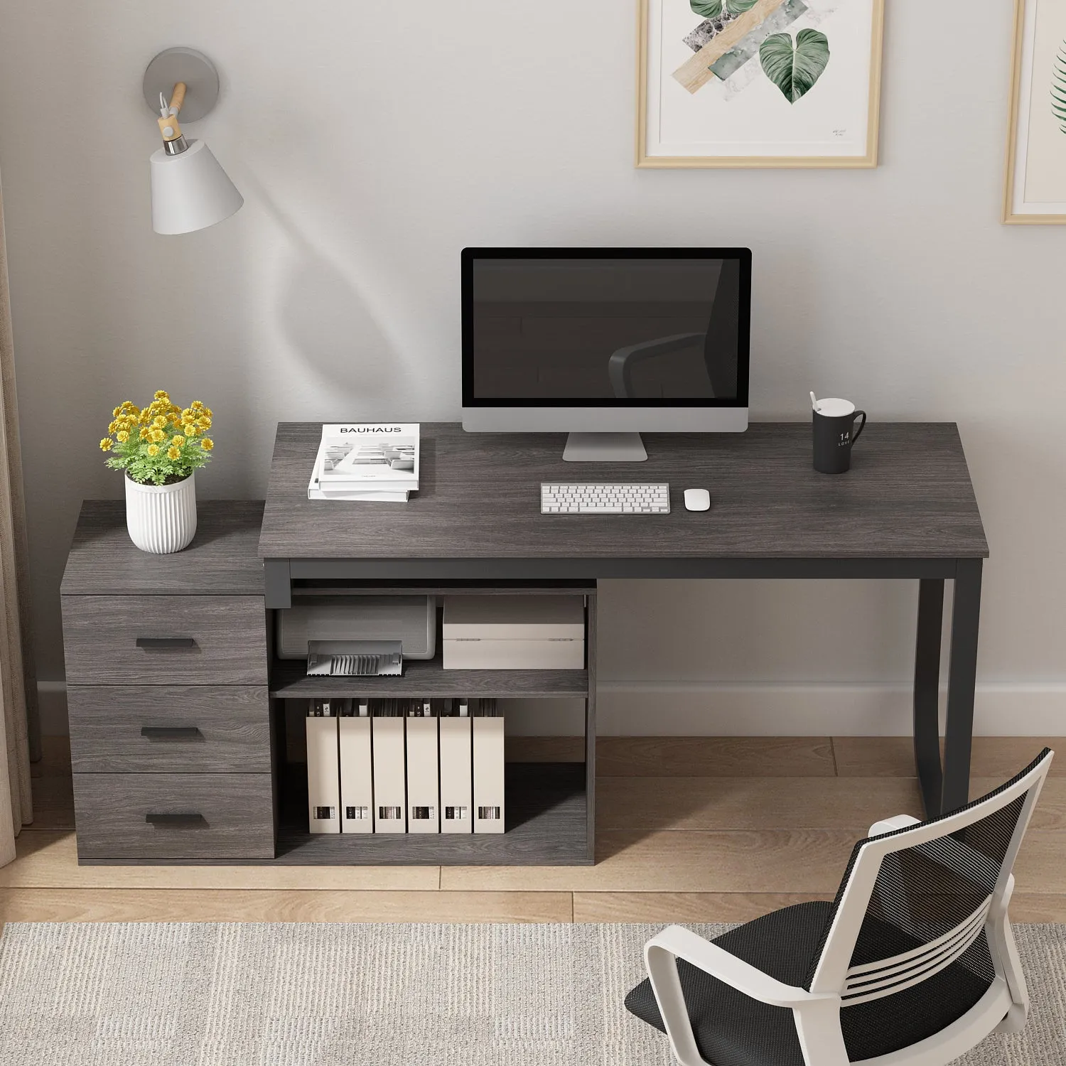 55 Inch L-Shaped Corner Desk with Shelves & Drawers