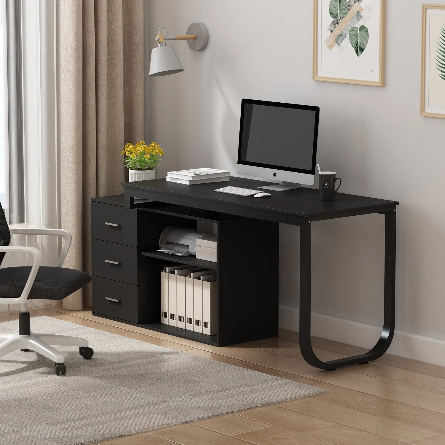 55 Inch L-Shaped Corner Desk with Shelves & Drawers