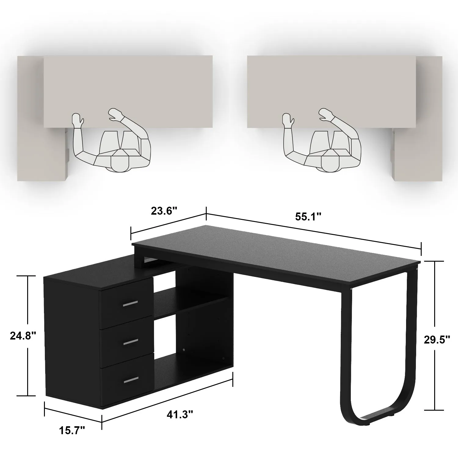 55 Inch L-Shaped Corner Desk with Shelves & Drawers