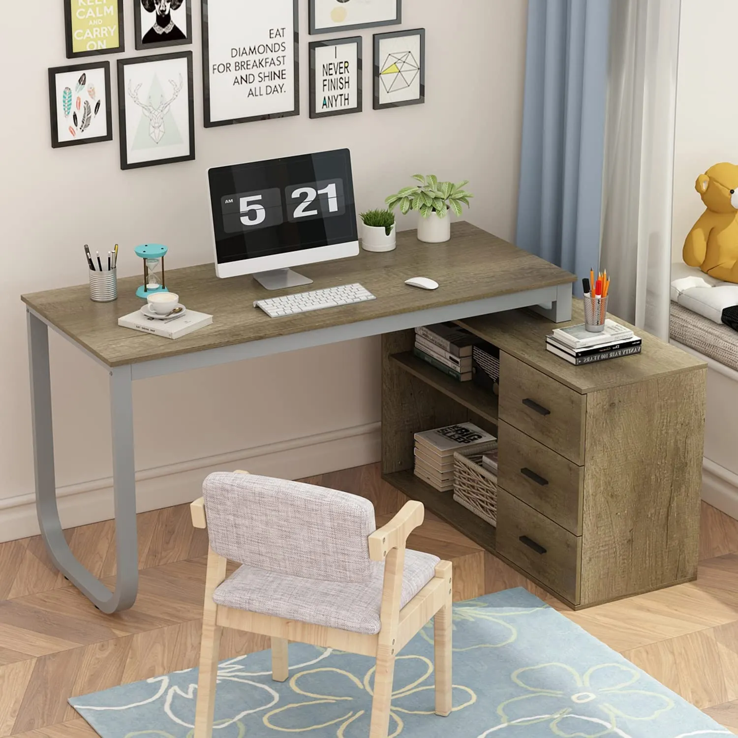 55 Inch L-Shaped Corner Desk with Shelves & Drawers