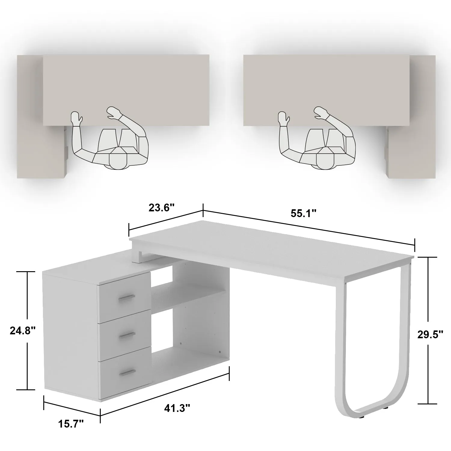 55 Inch L-Shaped Corner Desk with Shelves & Drawers