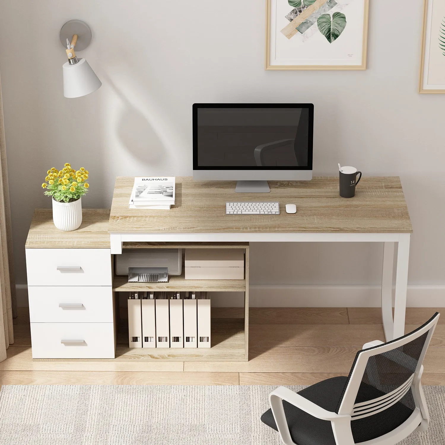 55 Inch L-Shaped Corner Desk with Shelves & Drawers