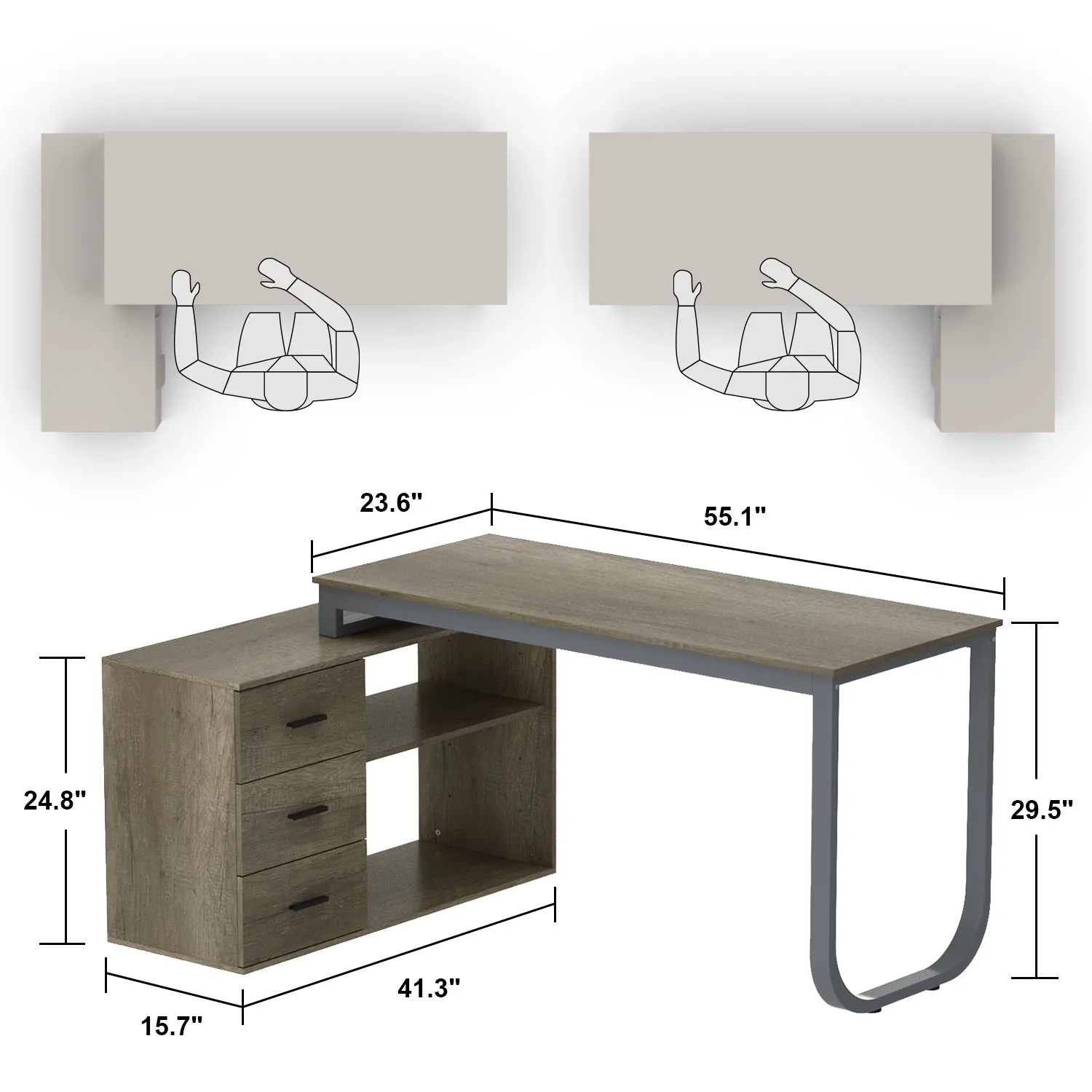 55 Inch L-Shaped Corner Desk with Shelves & Drawers