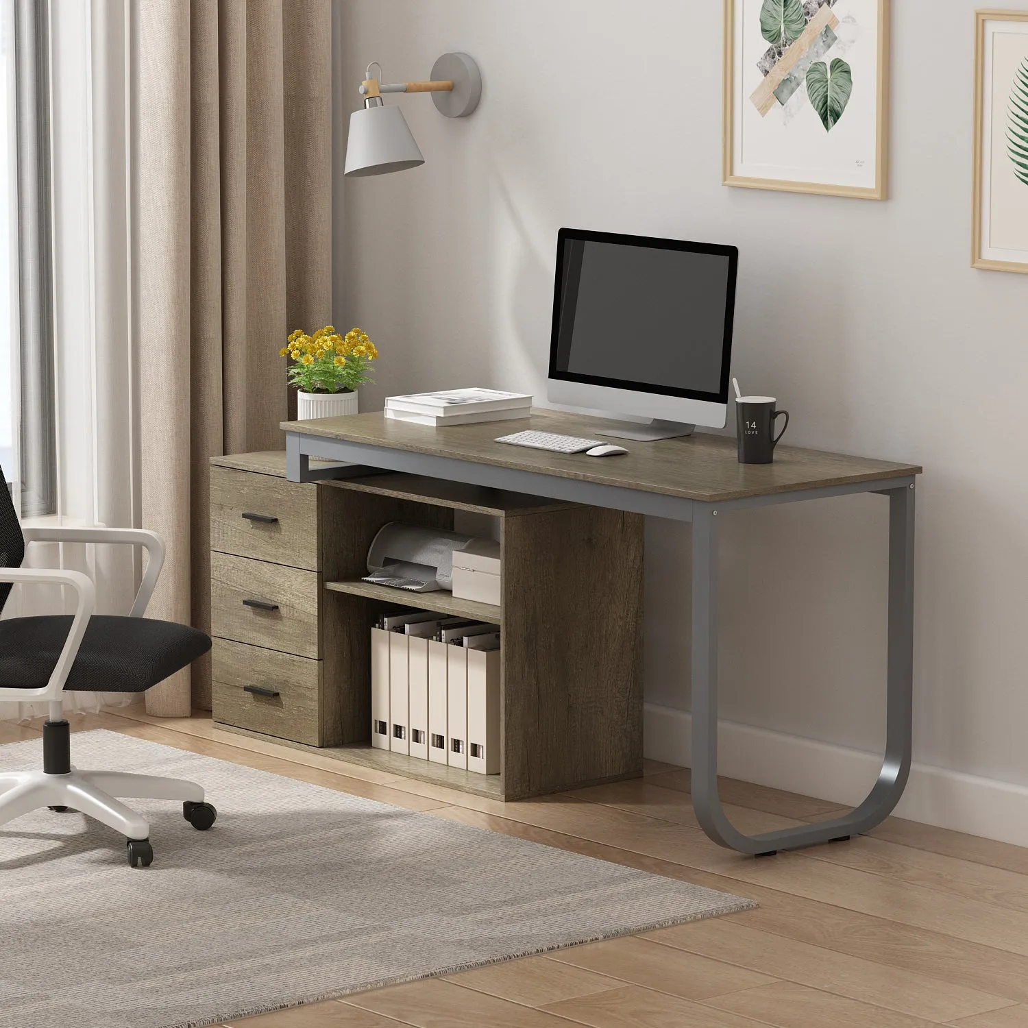 55 Inch L-Shaped Corner Desk with Shelves & Drawers