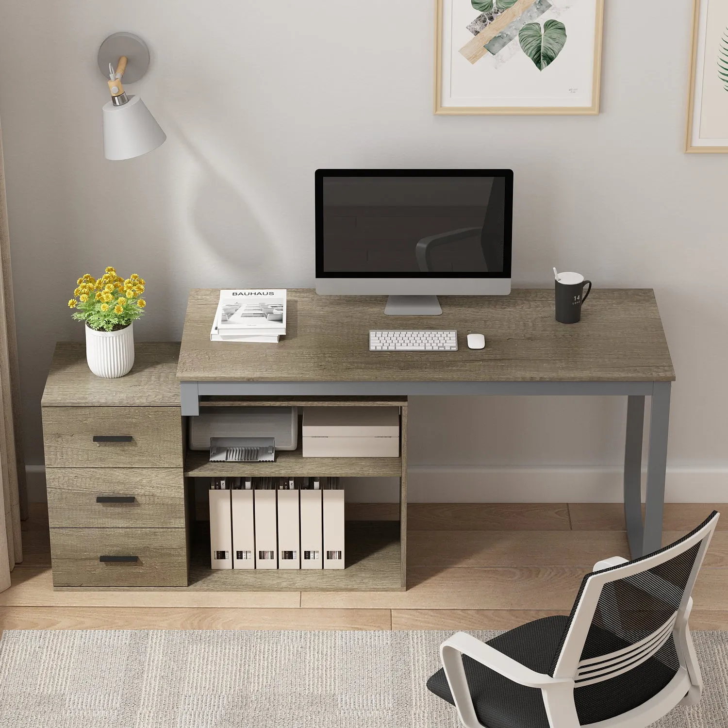 55 Inch L-Shaped Corner Desk with Shelves & Drawers