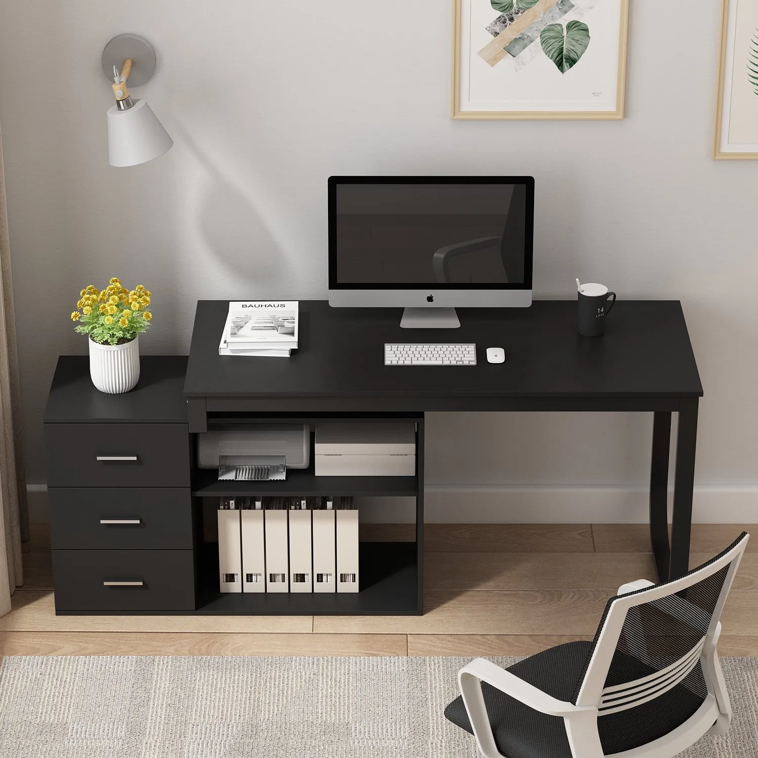 55 Inch L-Shaped Corner Desk with Shelves & Drawers