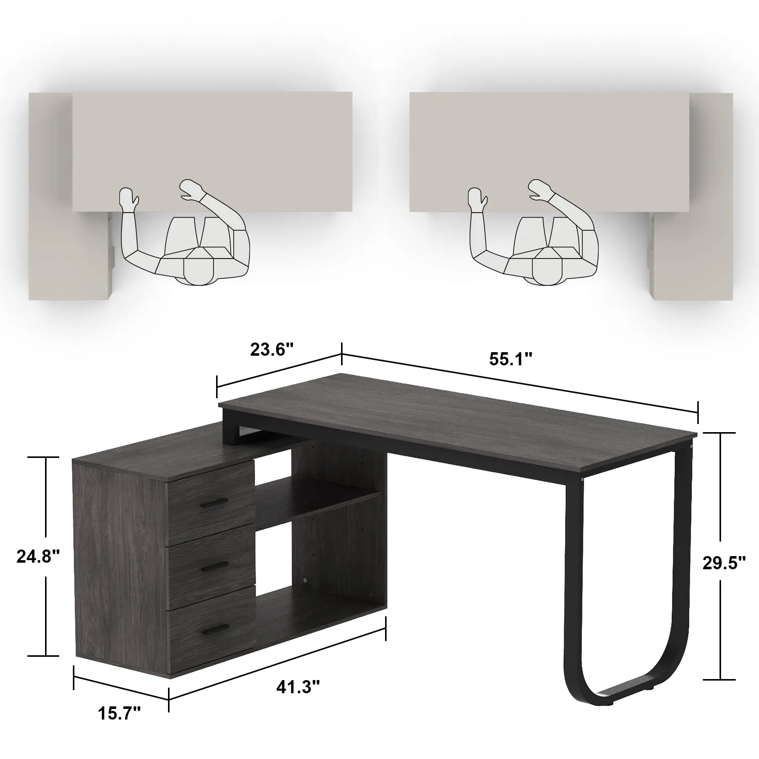 55 Inch L-Shaped Corner Desk with Shelves & Drawers