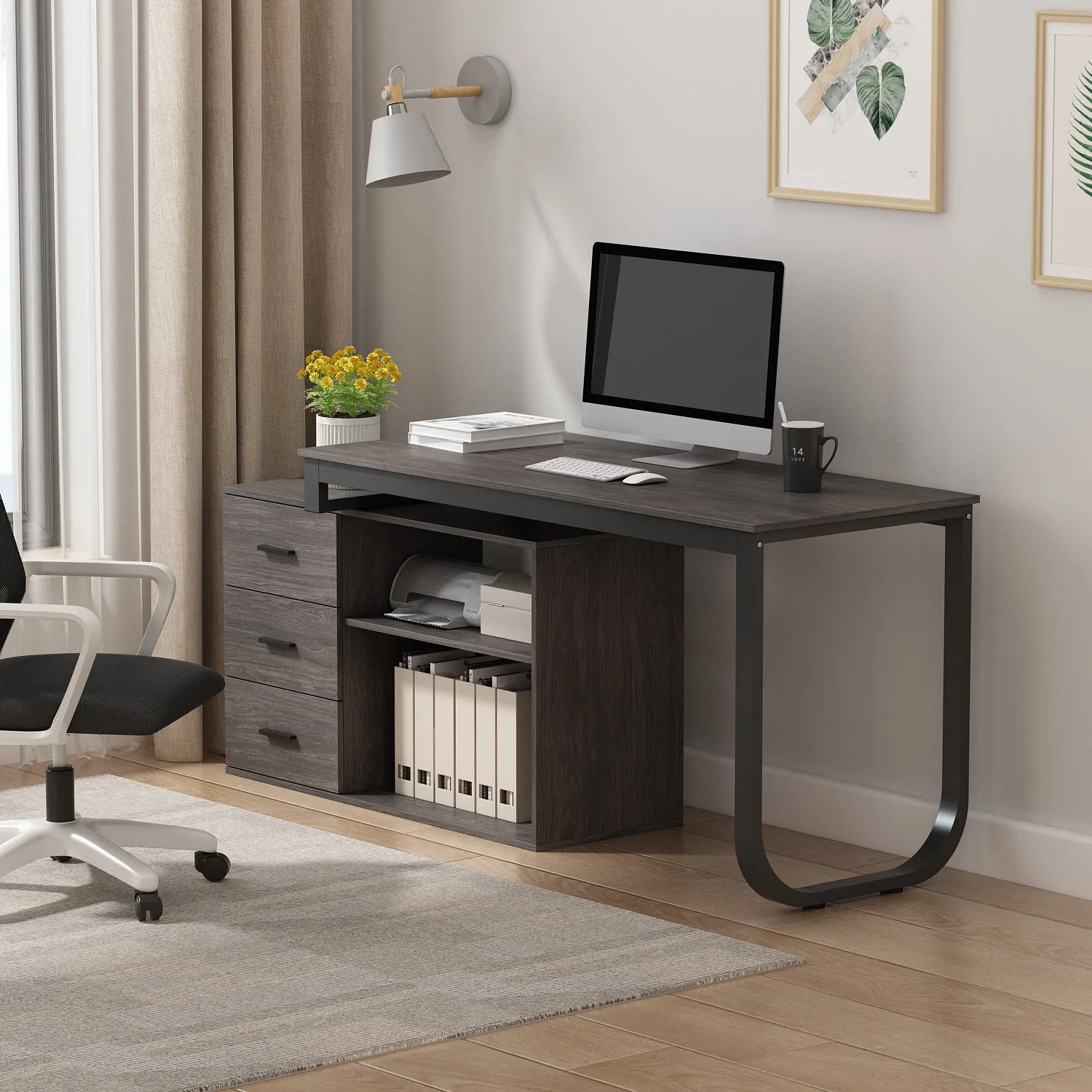 55 Inch L-Shaped Corner Desk with Shelves & Drawers