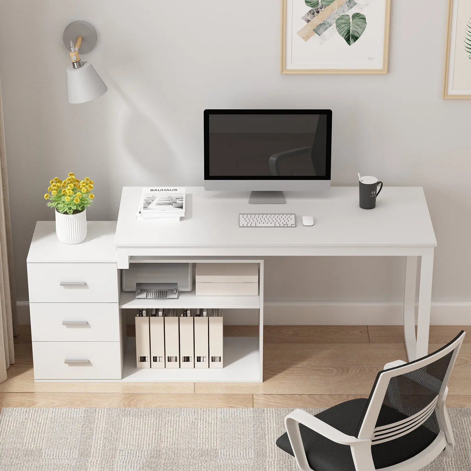 55 Inch L-Shaped Corner Desk with Shelves & Drawers