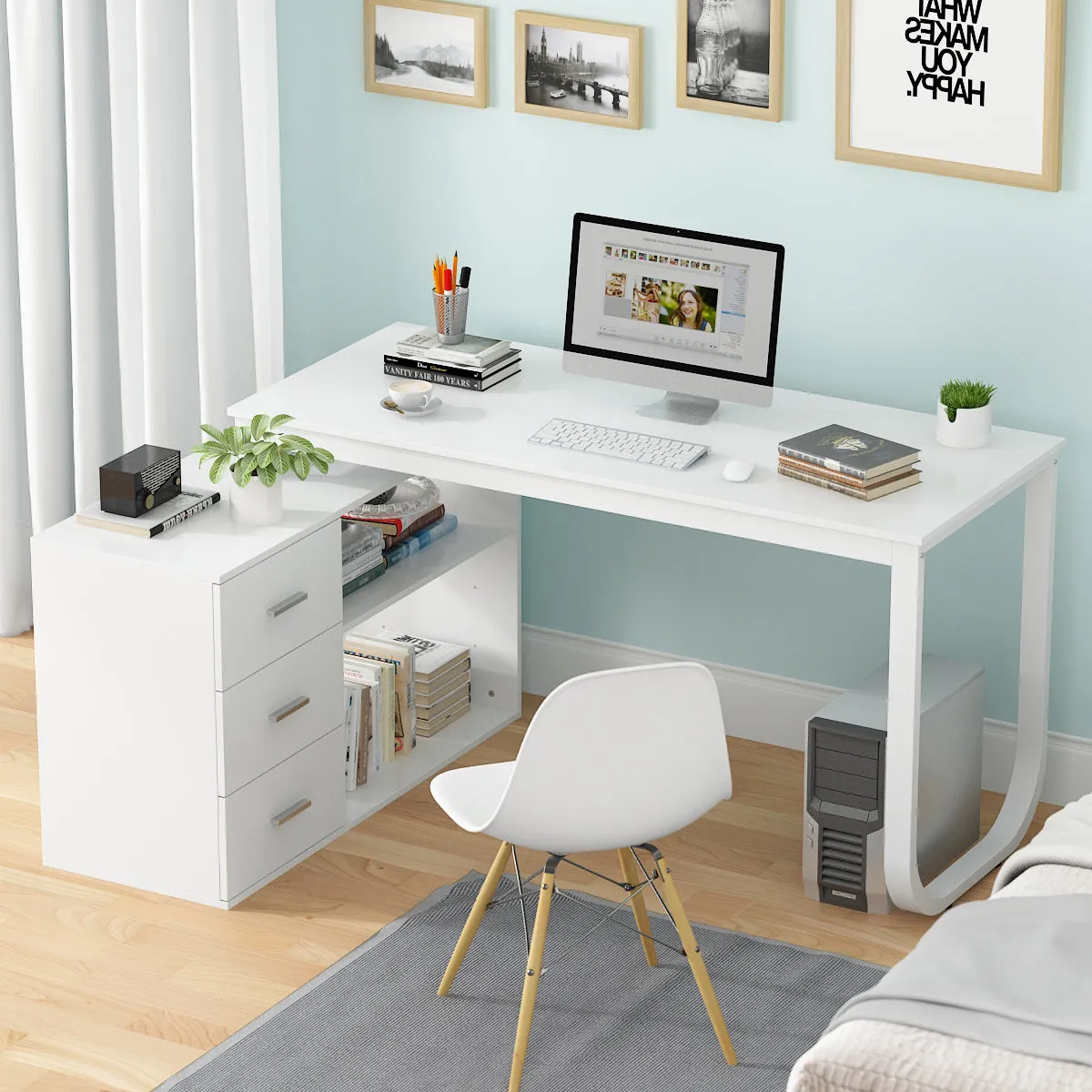 55 Inch L-Shaped Corner Desk with Shelves & Drawers