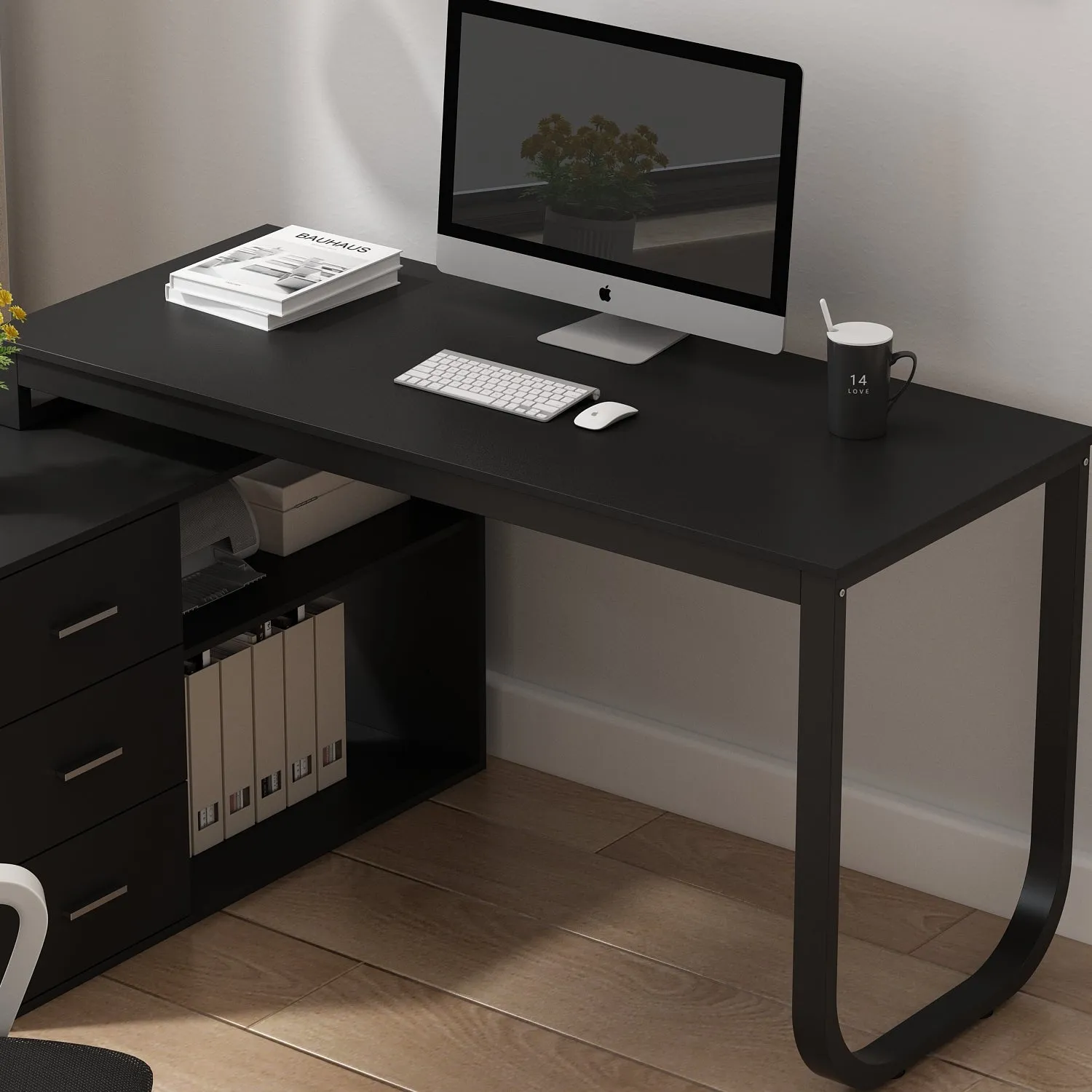 55 Inch L-Shaped Corner Desk with Shelves & Drawers