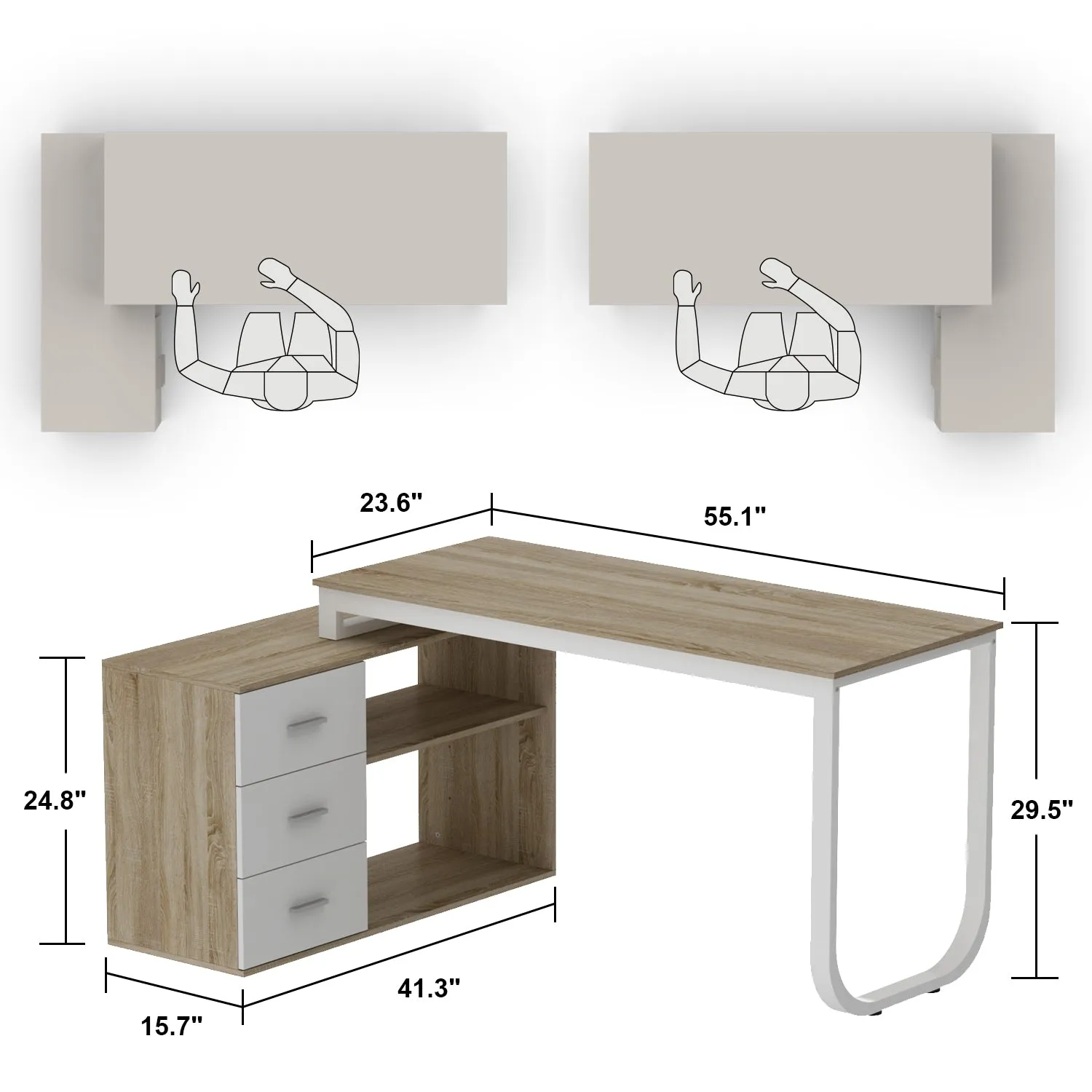 55 Inch L-Shaped Corner Desk with Shelves & Drawers