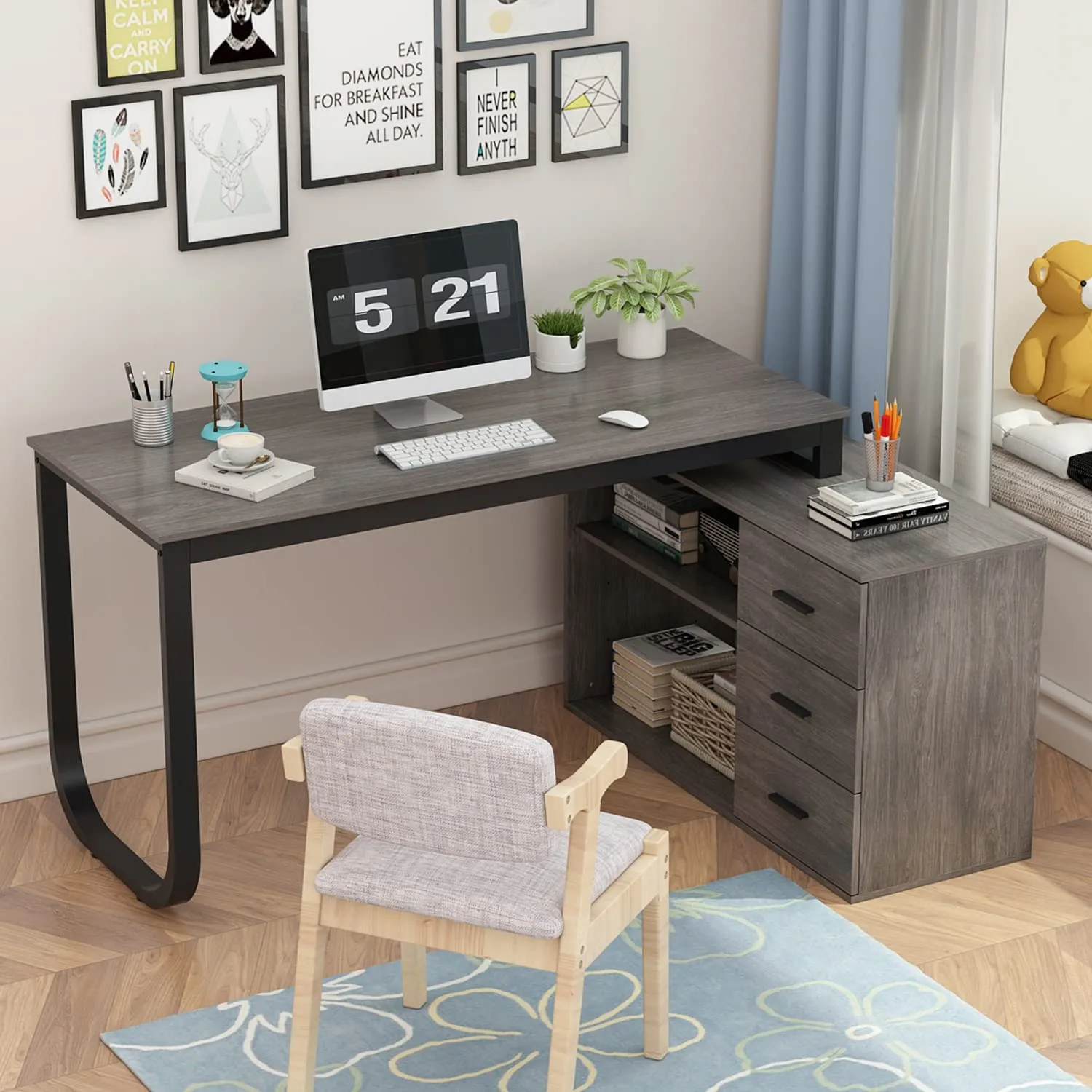 55 Inch L-Shaped Corner Desk with Shelves & Drawers