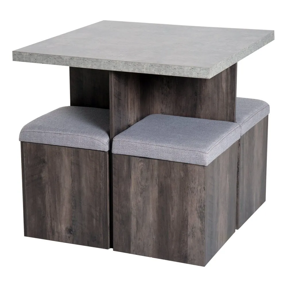 5Pcs Garden Wooden Dining Table Set W/Particle Removable Lid Board and 1 Space Saving Design Pieces Chair Seat-Grey