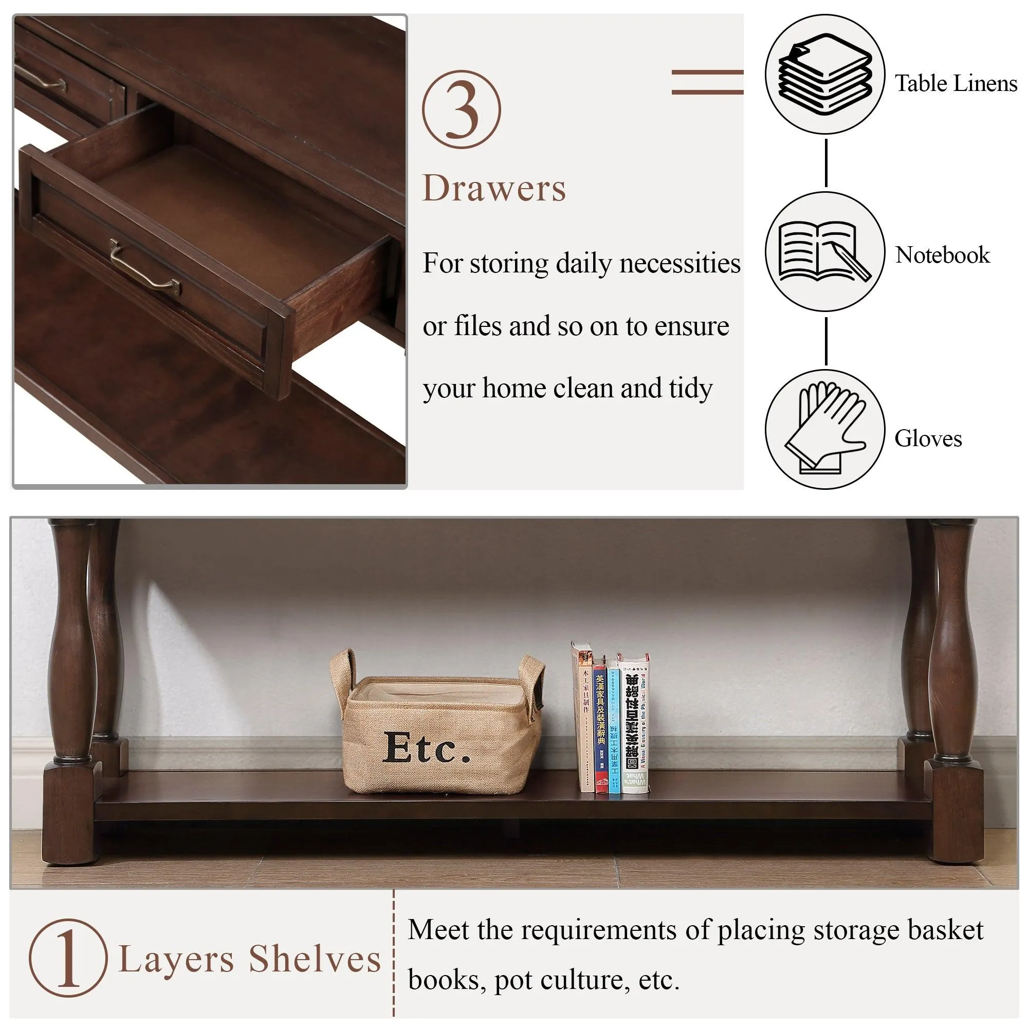63" Wood Console Table with 3 Drawers and Bottom Shelf, Light Espresso