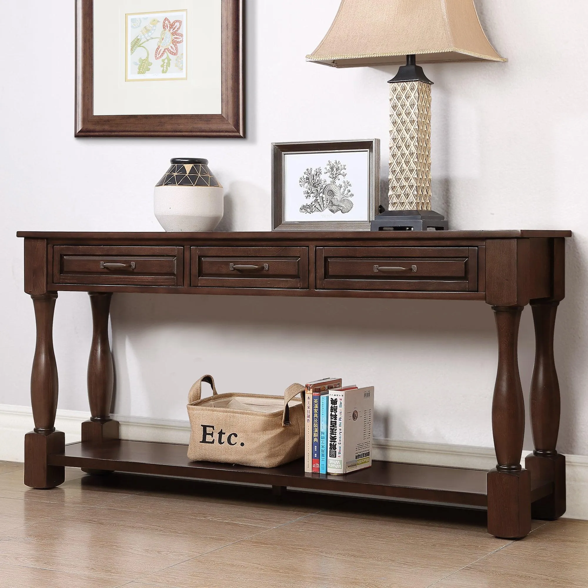 63" Wood Console Table with 3 Drawers and Bottom Shelf, Light Espresso