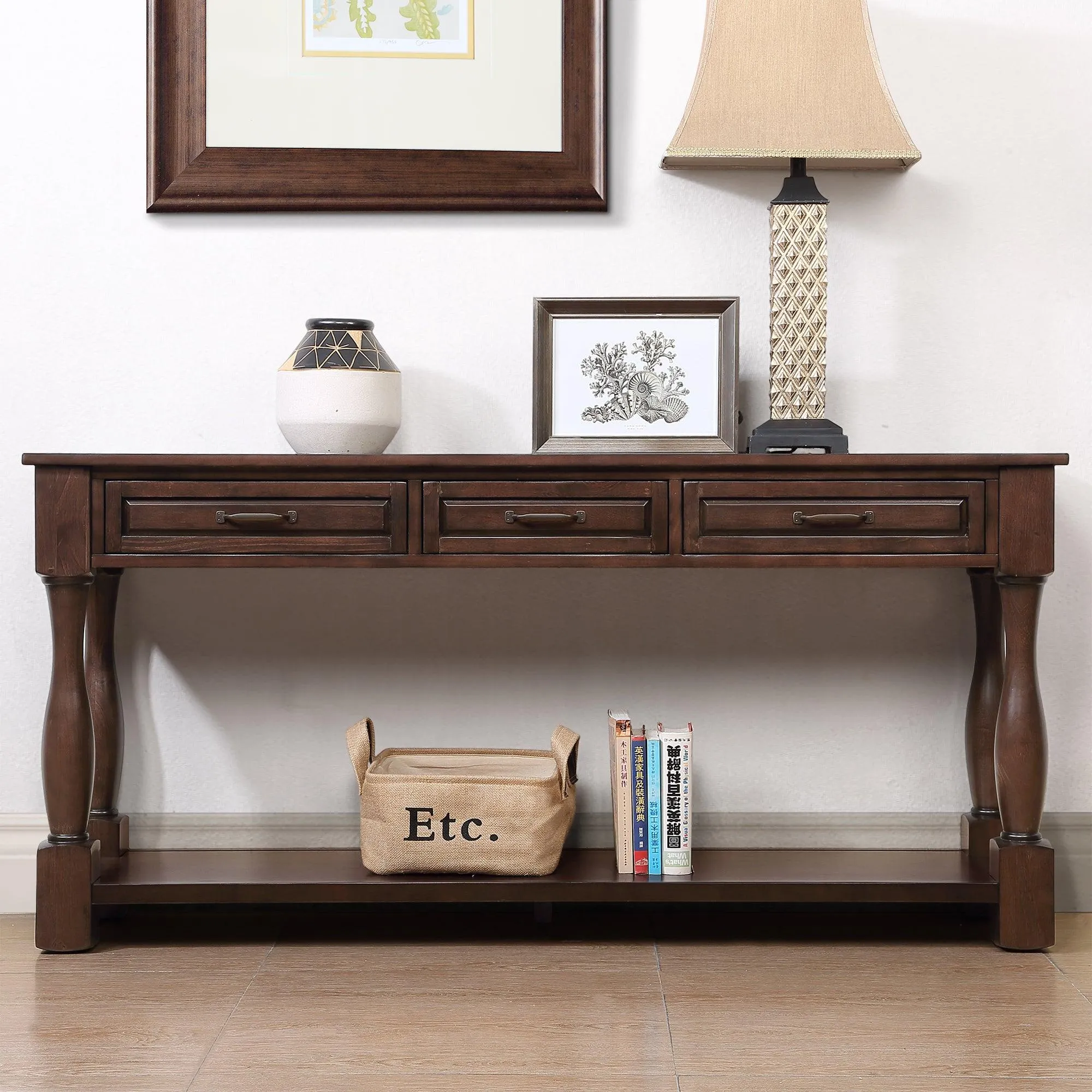 63" Wood Console Table with 3 Drawers and Bottom Shelf, Light Espresso